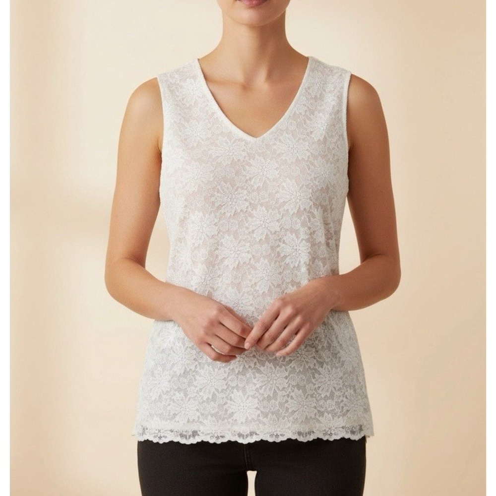 Monterey Bay Lace Tank Top Women S Ivory V-Neck Floral Shimmer Layered Sleeveles